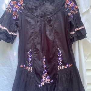 Free People Black Mini Dress with Purple and Pink Embroidery